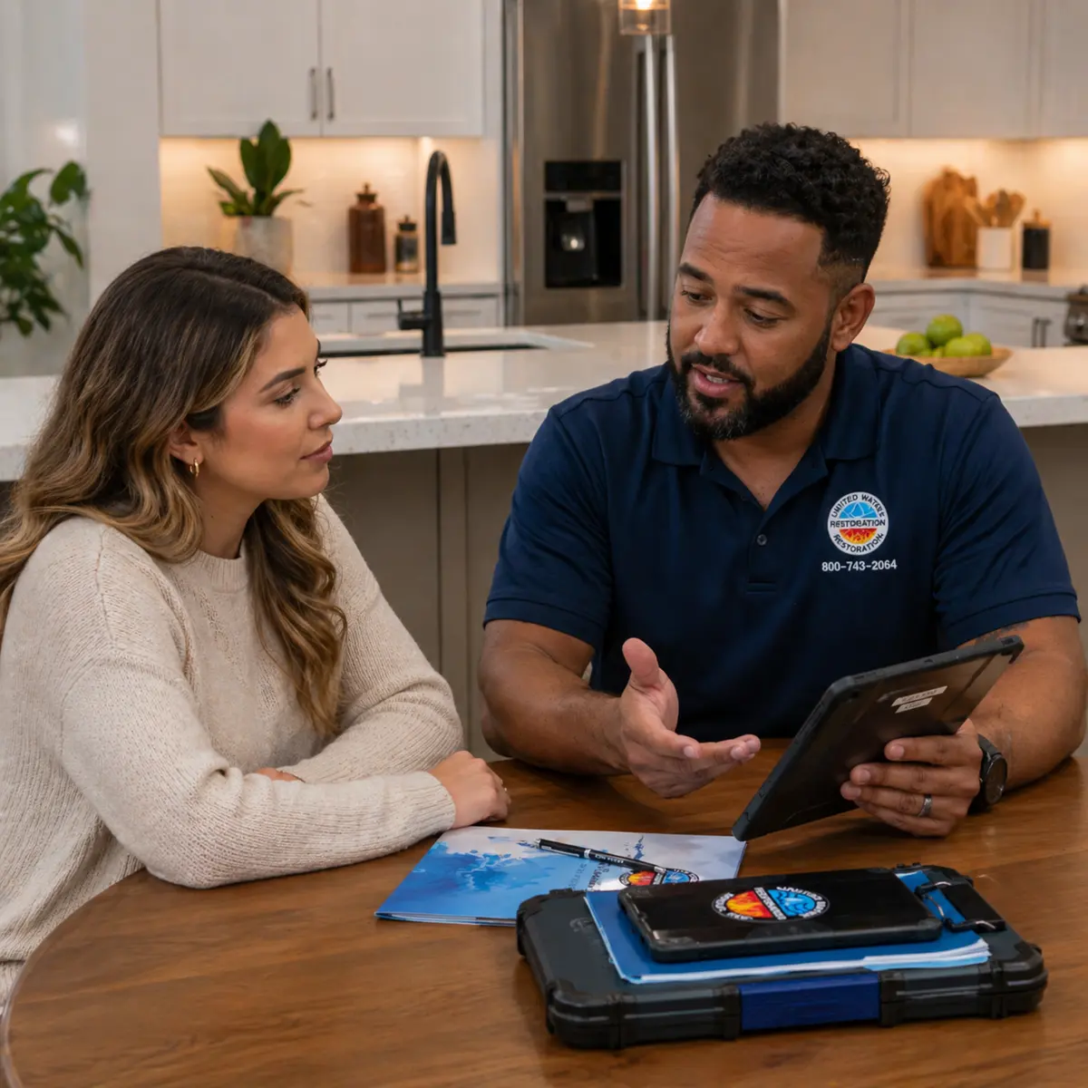Technician walking a homeowner through the insurance scope on a tablet