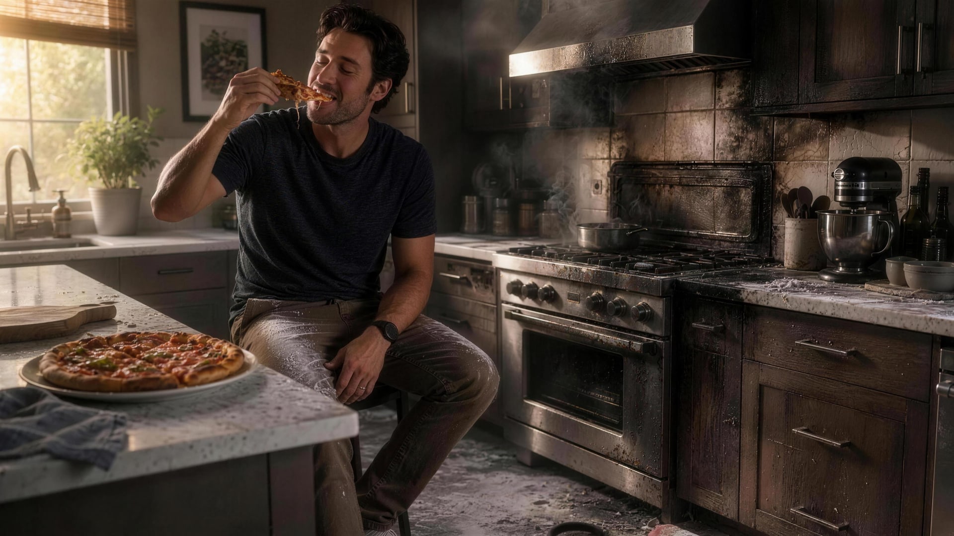 A homeowner calmly enjoying a slice of pizza in his kitchen after a small fire — the damage already handled, the extinguisher spent on the floor