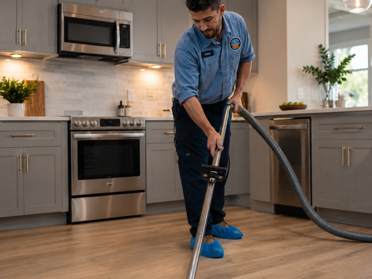 A technician drawing water out of a kitchen floor with an extraction wand