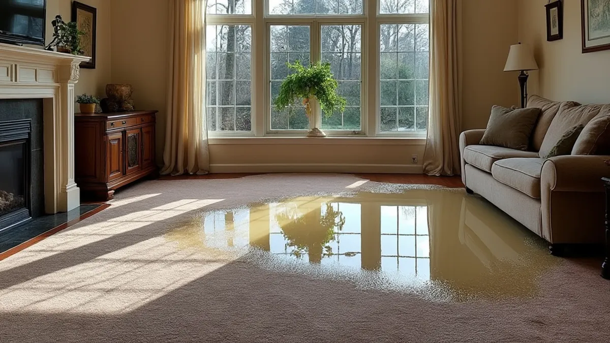 A large pool of water spread across the carpet and floor of a sunlit living room