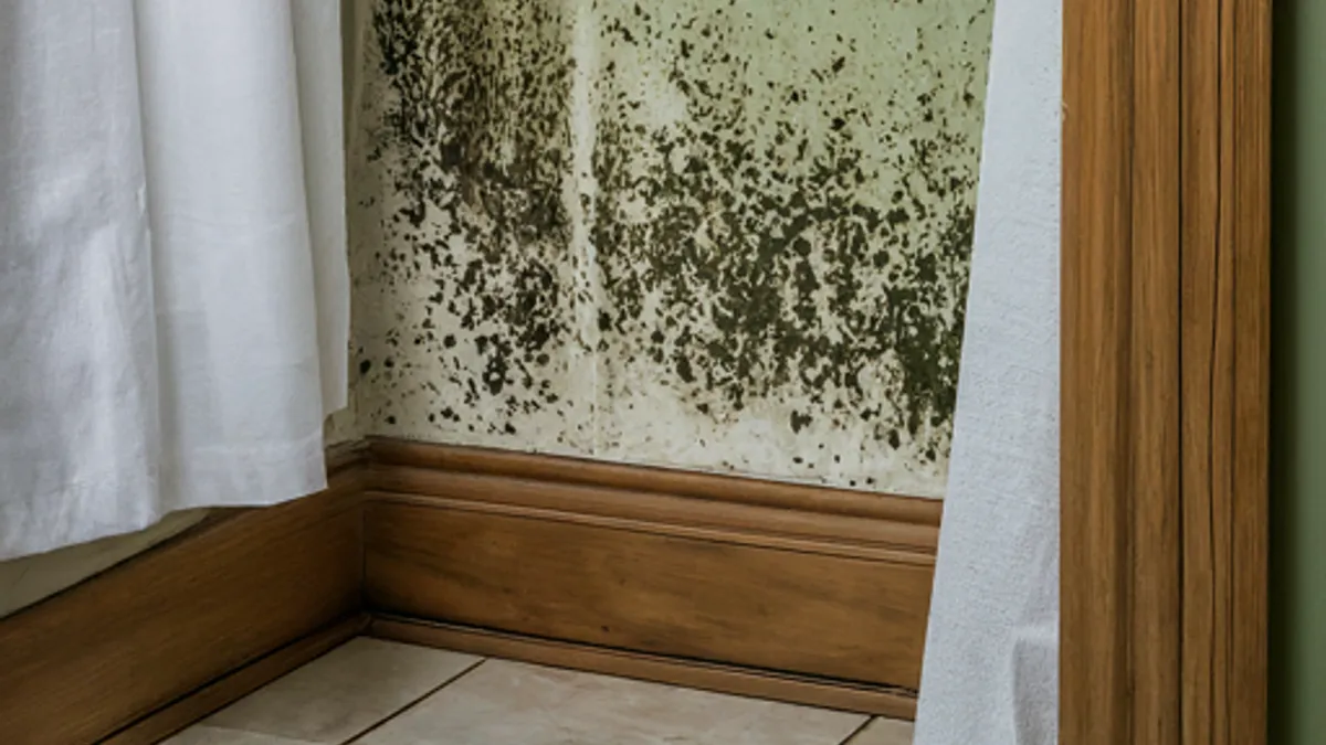Dark mold growth spreading up a bathroom wall above the baseboard