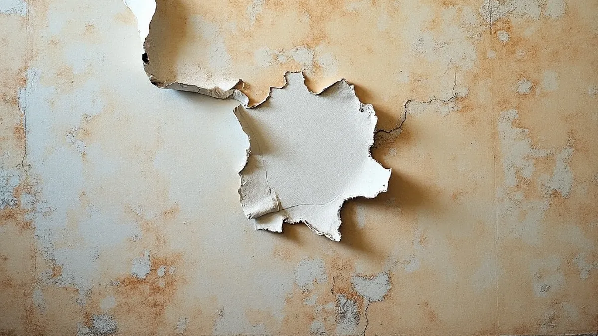 Wallpaper blistering and peeling away from a water-stained wall