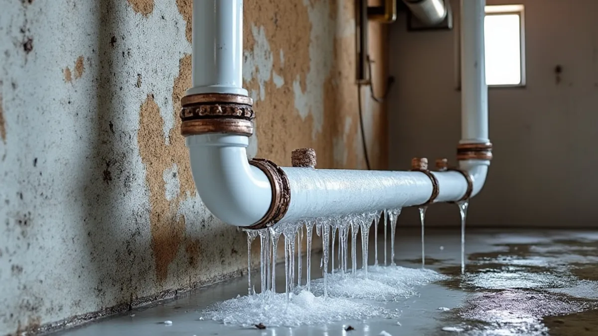 Clear water dripping from a split supply pipe into puddles on a basement floor