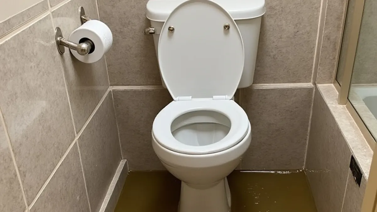 Brown water standing across a tiled bathroom floor around the base of an overflowed toilet